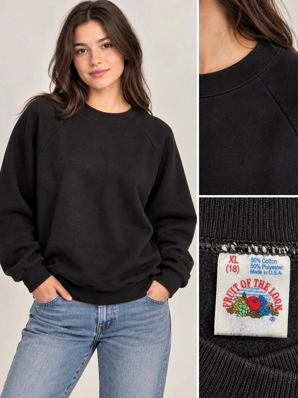 Fruit of the Loom Vintage 90s Blank Raglan Crewneck Sweatshirt Black XL